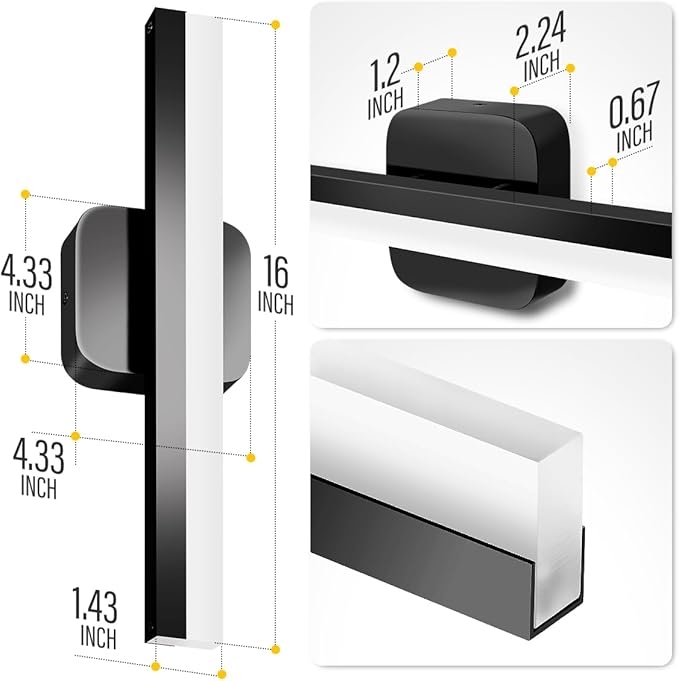 Yarra-Decor 16-inch LED Bathroom Vanity Light Bar,Vanity Lighting Fixtures for Mirror Illumination,Indoor Daylight White Wall Light 6000K (Black)
