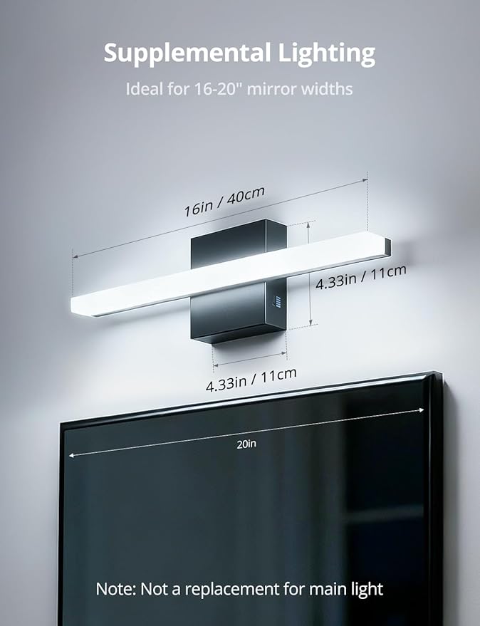 Combuh Modern Bathroom Light Fixtures Above Mirror Small Vanity Lighting Bar 16Inch, 5 Color Adjustable Black Simple Slim Led Wall Sconce IP44 Rustproof Bright 10W 880LM for Bath Restroom Makeup