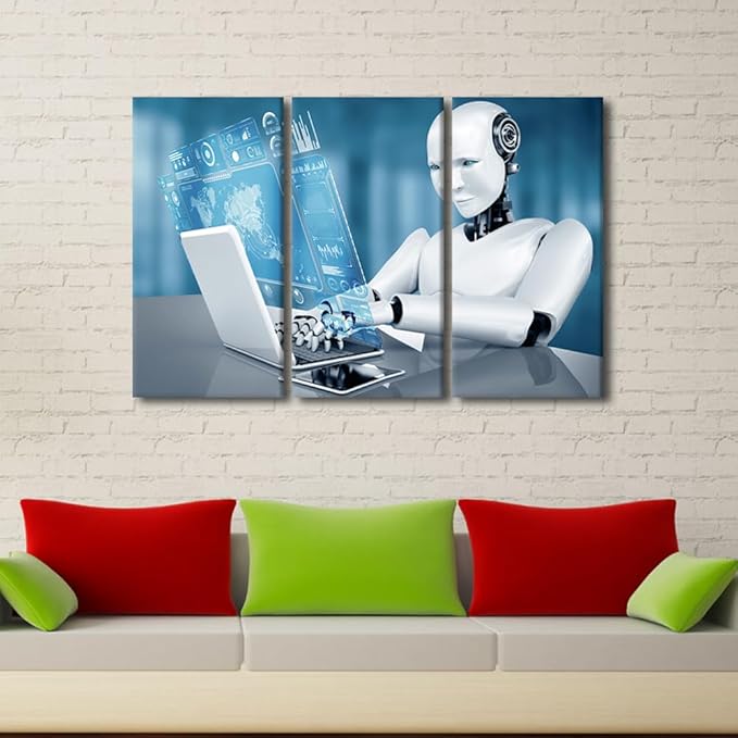 3 Pieces Wall Art Robot Paintings for Home Wall Decorations Big Data Analysis Canvas Prints AI Intelligence Artwork for Home Walls Contemporary Home Decor Framed Ready to Hang Posters, 42"Wx28"H