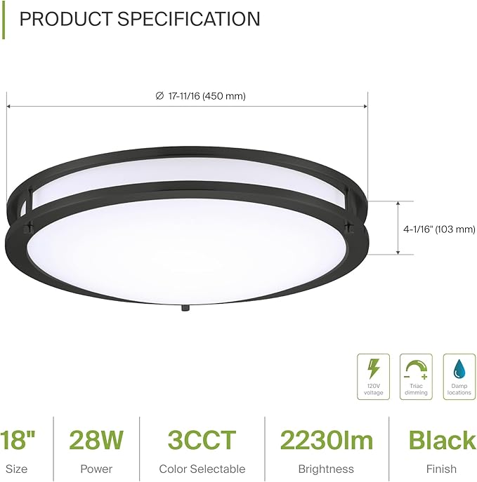 ASD LED 18" Round Flush Mount Lighting, Close to Ceiling Light Fixture | 3CCT, Dimmable, Energy Star, ETL Listed | 28W 2230LM 3000-5000K 120V | Low Profile Double Ring Lamp | Black