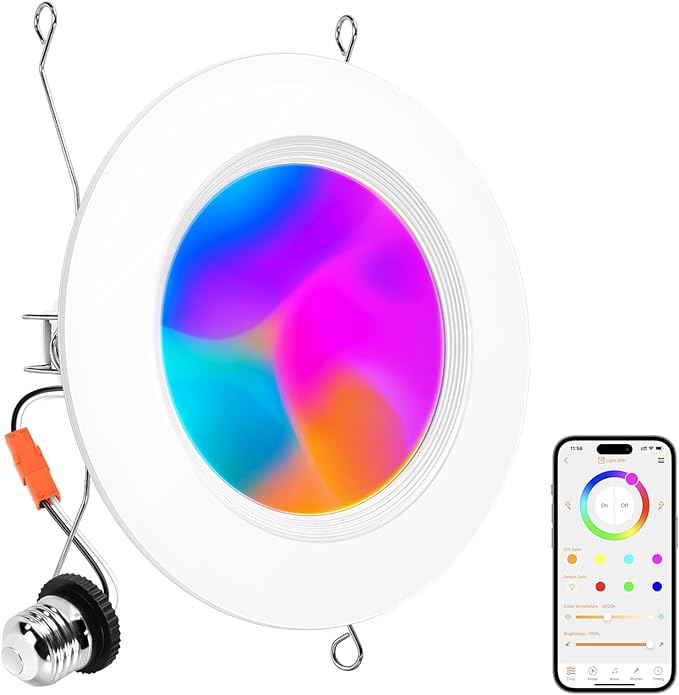 Smart Recessed Lighting 6 Inch, RGBCW Color Changing LED Can Lights Bluetooth Connect, Flicker Free, 13W 1300LM, Dimmable Retrofit Downlight Works with Alexa Voice & App Control, ETL, 1 Pack