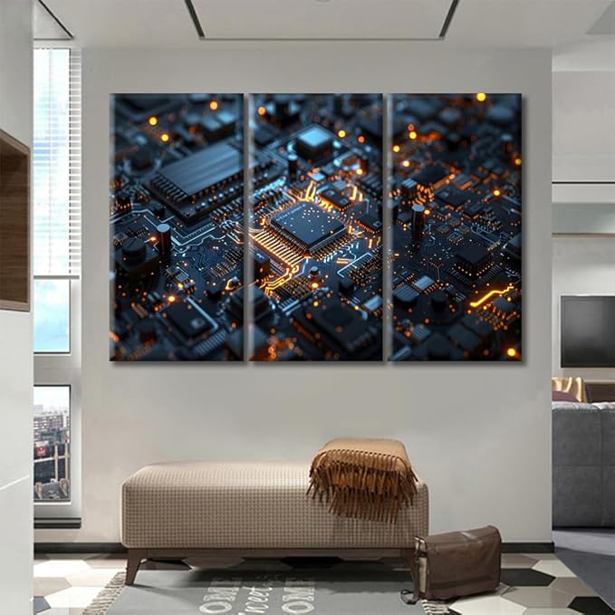 Motherboard Digital Chip Wall Art Canvas Prints Computer Processors CPU Pictures Painting Chip Advanced Circuitry Canvas Paintings Ready to Hang for Home Decorations Wall Decor 60"Wx40"H