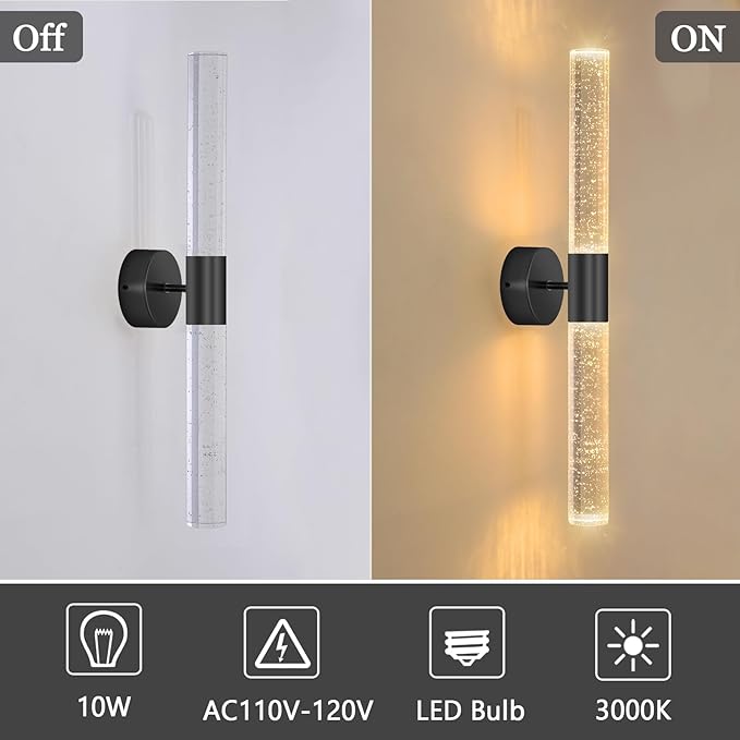 Black Wall Sconces LED Modern Sconces Dining Room Wall Lighting 10W 3000K LED Wall Lights Crystal Hardwired Wall Light Fixtures for Living Room Bedroom Bathroom Hallway