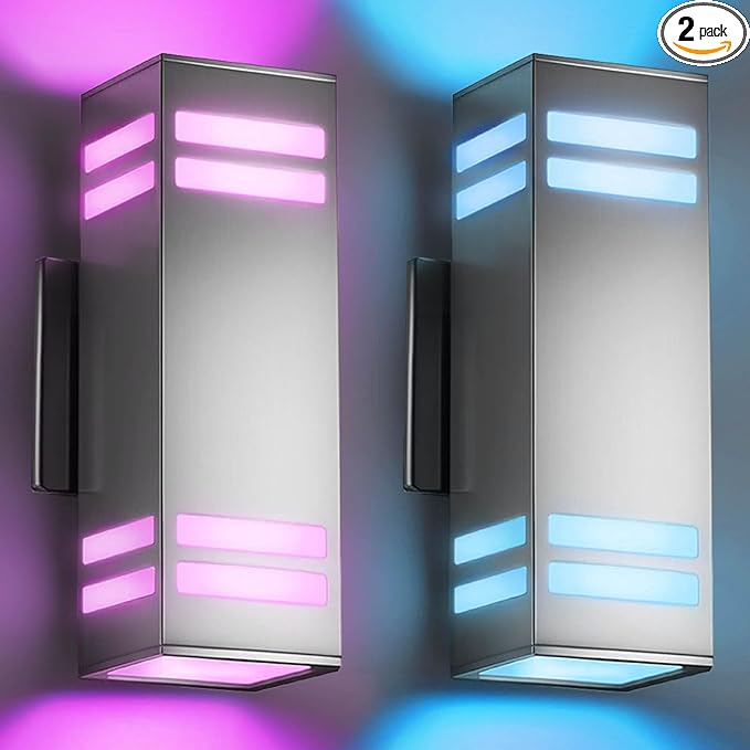 SHIMR Smart Outdoor Wall Lights 2 Pack, RGB Color Changing WiFi & Bluetooth Sconce, Stainless Steel, Dusk to Dawn Sensor, Waterproof Exterior Lighting Fixture with E26 Base, Work with Alexa & Google