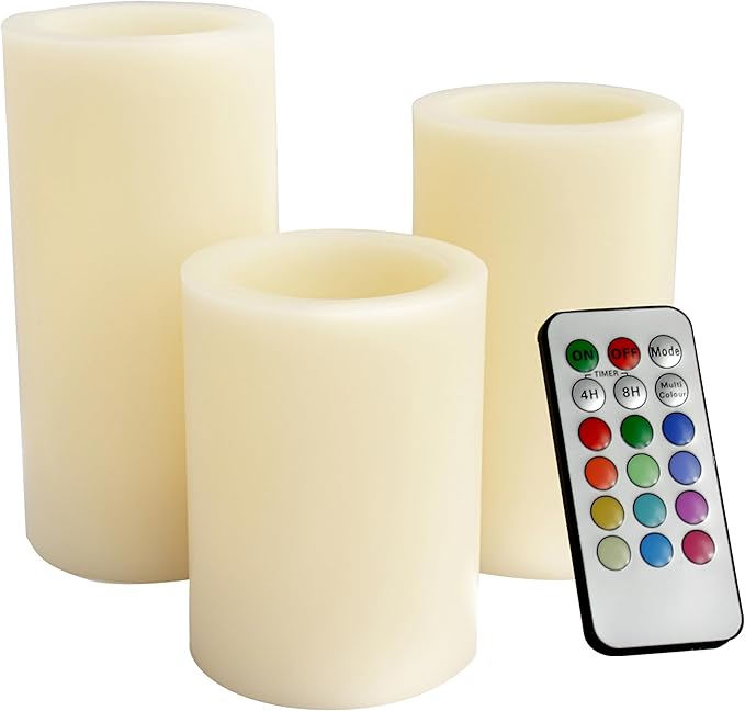 CANDLE CHOICE Battery Operated Color Changing Flameless Candles with Remote Timer Real Wax Realistic Flickering Electric Multicolor LED Pillars Lights for Home Wedding Christmas Decorations 3 Pack
