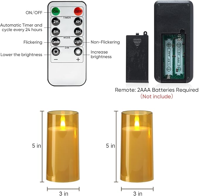 Amagic 3"×5" Gold Flameless Candles with Remote and Timer, Realistic Flickering Battery Operated Acrylic Led Fake Candles for Home Wedding Party Fall Christmas Decor, Set of 2