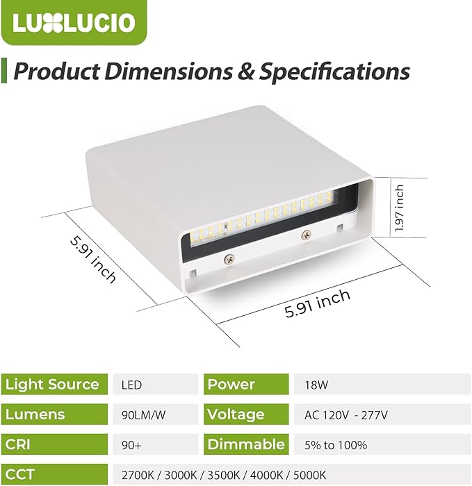 2 Pack Indoor Outdoor White Up and Down LED Wall Light, Modern Bedroom/Porch Wall Lamp, IP65 Waterproof, 5%-100% Dimmable 18W 1620lm, 5CCT (2700K-5000K), CRI90+, 120V-277V