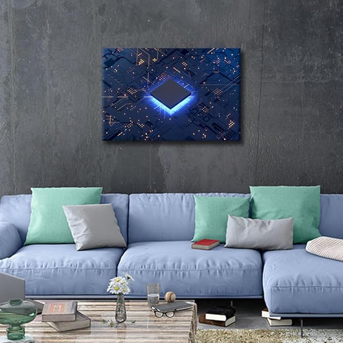 TUMOVO CPU Concept Wall Paintings for Living Room Technology Digital Art Pictures Print On Canvas Circuit Board Wall Art Bedroom Wall Decoration Office Wall Art Framed Ready to Hang - 24x16in