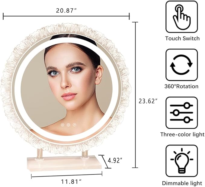 Vanity Mirror with Lights, 20.87 * 23.62" LED Makeup Mirror, Lighted Makeup Mirror with Lights, Smart Touch Control Dimmable 3 Modes Light, Lighted Up Mirror for Makeup Desk