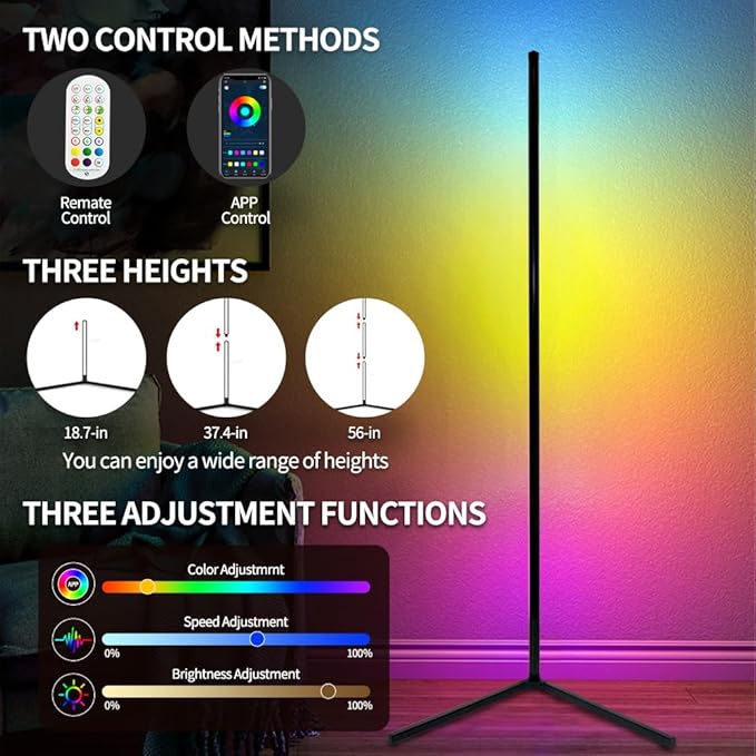 Corner Floor Lamp, 56-in Smart RGB LED Corner Lamp with App & Remote Control, 16 Million Colors Changing LED Floor Lamp with Music Sync, DIY Mode & Timing, Ideal for Bedroom, Living Room & Gaming Room
