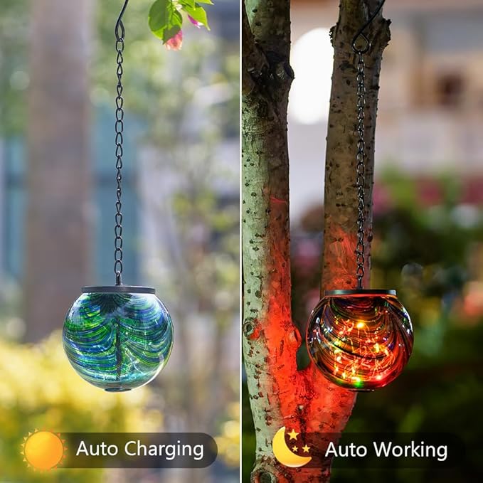 Solar Hanging Lanterns Outdoor, Waterproof Solar Gazing Ball Lights, Color Changing Led Glass Globe Lights for Garden Yard Tree Party Decor, Green Swirl