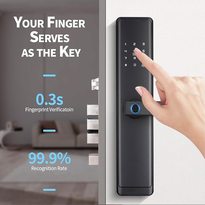 Sophies Keyless Entry Smart Lock with Handle, WiFi Door Lock, Tuya APP Control - Fingerprint Deadbolt with Keypad and Anti-Peeping Password Black