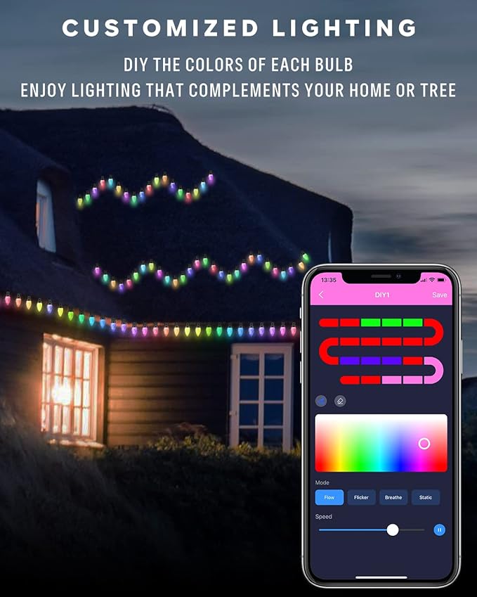 Dynamic C9 Christmas Lights Outdoor, 33Ft 50 LED Smart RGB, APP Remote Controlled, Connectable Waterproof Music Xmas Eaves Decoration