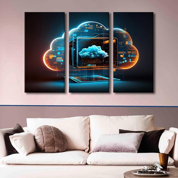 Large Canvas Wall Art 3 Piece Concept of Cybersecurity and Data Protection Print Art for Bedroom Living Room Wall Decoration, Wooden Framed Gallery-Wrapped Ready to Hang, 60" Wx40 H