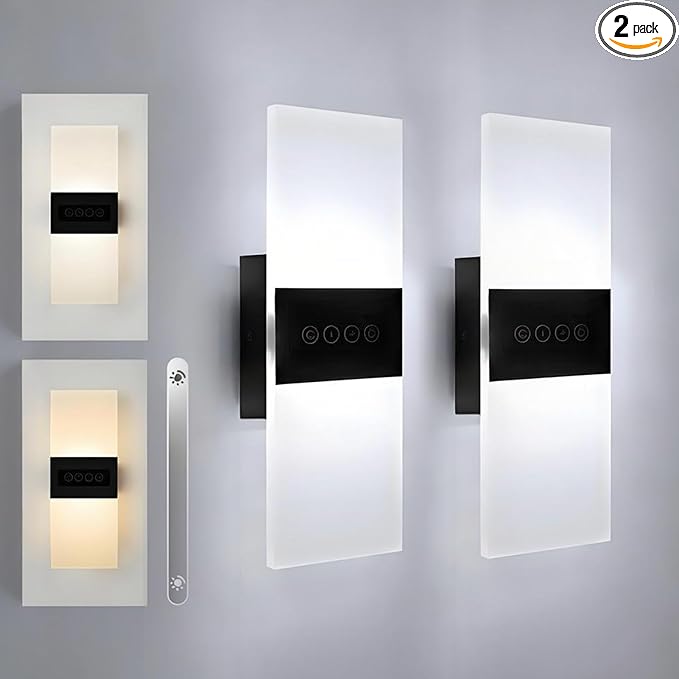 2 Pack Modern Wall Sconces with Touch Switch Dimmable 12W Hardwired Wall Lights Fixtures 3000K/4000K/6000K Brightness Adjustable LED Wall Sconce Lighting Indoor Black for Bedroom Living Room