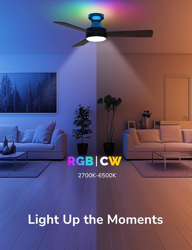 Orison Ceiling Fans with Lights 42 Inch, Low Profile Flush Mount Ceiling Fan, RGB Backlight & Dimmable Lighting, Remote & App Control, 6 Speeds, 3 Reversible Blades, Black/Wood