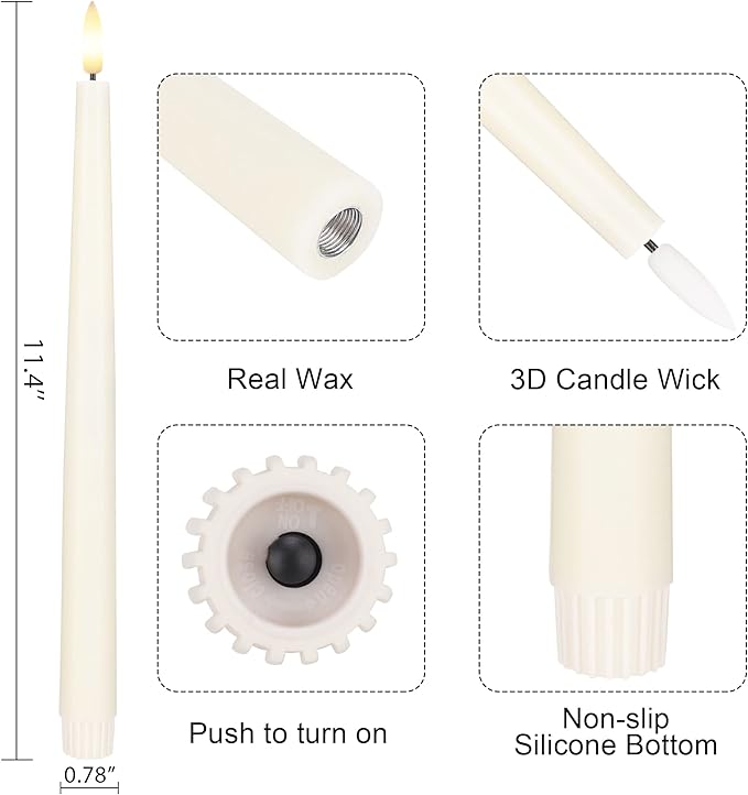 Flameless Taper Candles with 3D Wick, 11.4" Real Wax LED Candles with Remote and Timer, 3 Pack Flickering Candlesticks Battery Operated (Ivory)