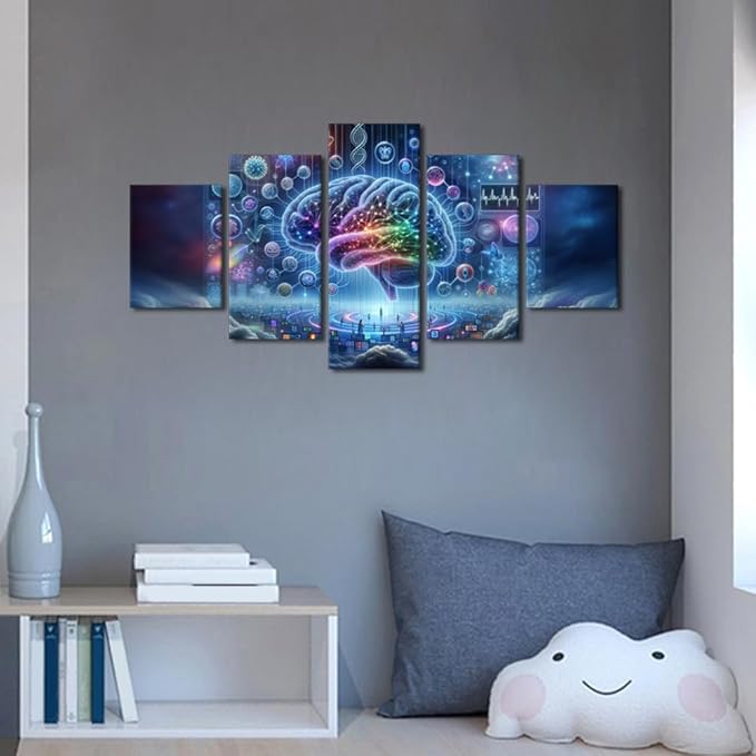 5 Panel Wall Art for Living Room Digital Brain Canvas Wall Art for Bedroom Artificial Intelligence Picture for House Wall Decor Human Brain Posters for Room Neural Network Prints Wall Decor 60"Wx32"H