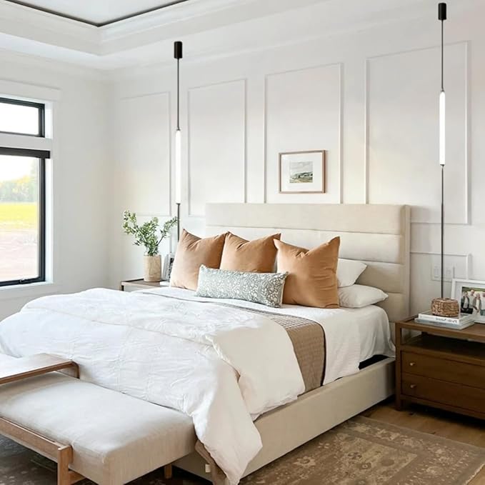 Modern Minimalist Pendant Light LED Linear Floor to Ceiling Light 19.6" Black Long Strip Pendant Lights Plug in Hanging Bedside Lamp for Bedroom Living Room Corner