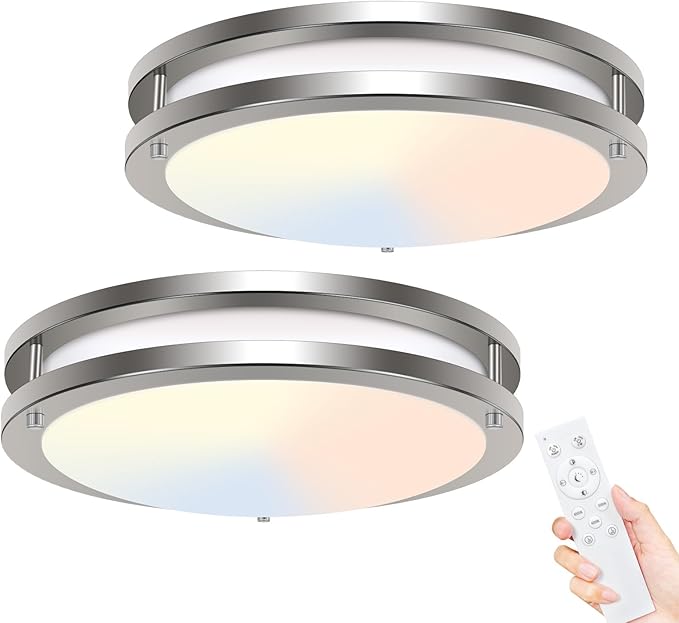 hepside 2Pack Flush Mount LED Ceiling Light with Remote, Dimmable& 3000K-6500K Adjustable Ceiling Light Fixture, Timer, Night Light, 10 inch Brushed Nickel Ceiling Lamps for Kitchen Bathroom Bedroom