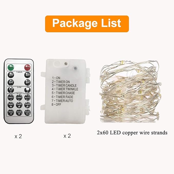 2 Pack 20 Feet 60 Cold White Led Fairy Lights Battery Operated with Remote Control Timer Waterproof Silver Copper Wire Twinkle String Lights for Party Bedroom Wedding Christmas Decorations