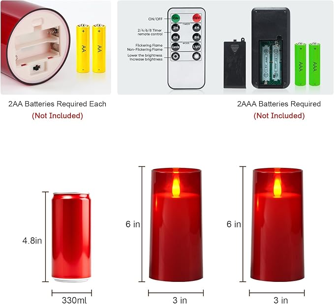 Raycare Flameless Electronic Pillar Candles with Remote Control and Timer- Battery Operated Realistic Flickering LED Fake Candle for Home, Wedding, Valentine's Day Decor, Red,Set of 2(3"x6"6")