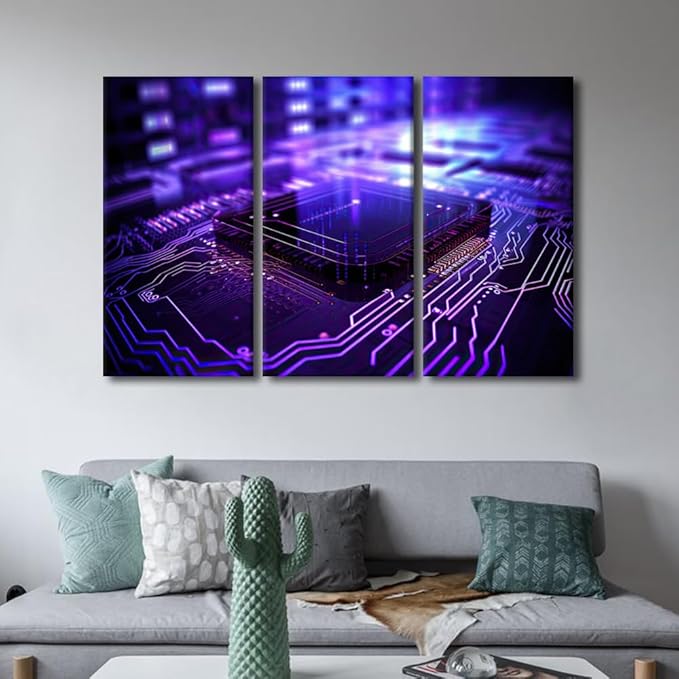 TUMOVO Semiconductor Chip Artwork for Home Walls AI Pictures Print on Canvas Circuit Board Painting 3 Pieces Wall Art Chip Modern Artwork Giclee Posters Framed Ready to Hang, 60" Wx40 H