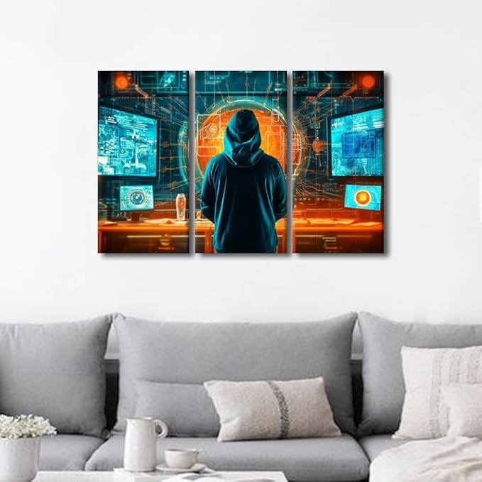 3 Panel Framed Wall Art Concept of Cybersecurity, Phishing, Cybercrime Picture Poster for Bedroom Living Room Wall Decoratio, Concept Art Gallery-Wrapped Ready to Hang, 36" Wx24 H