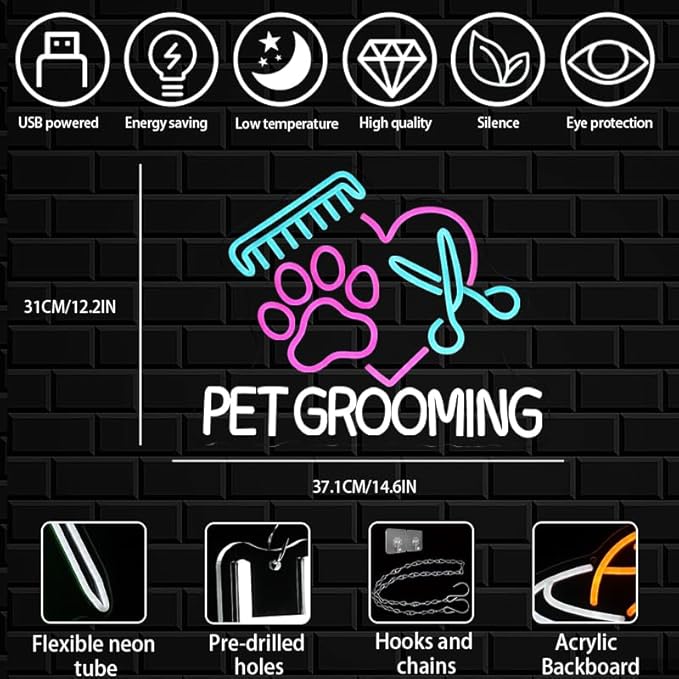 Pet Grooming Neon Sign for Wall Decor, Dimmable Paw Grooming Salon Neon Light, USB Powered Dog Grooming Led Light Up Open Sign for Pet Shop,Pet Hospital,Pet Salon Store Wall Art