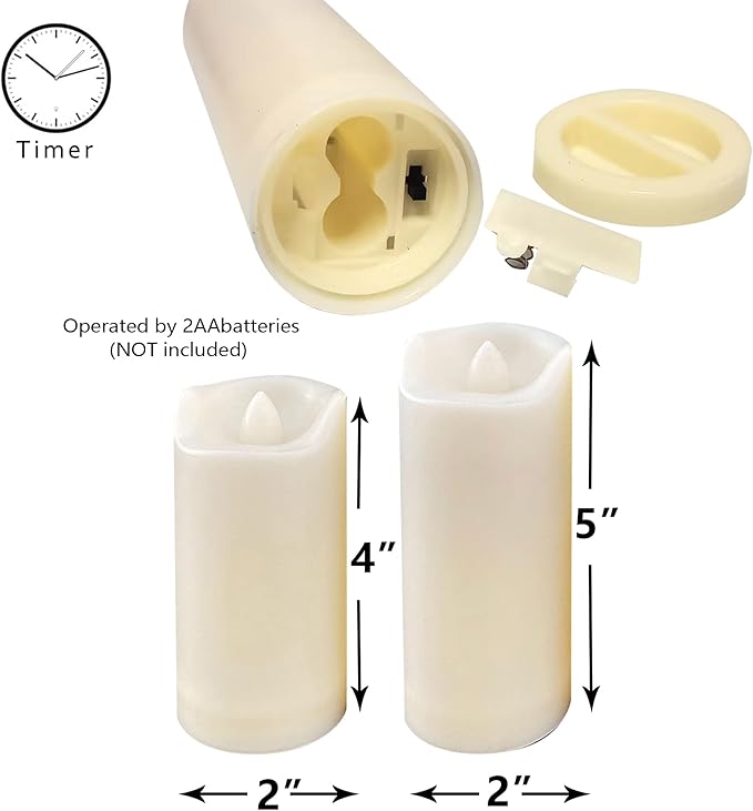 Battery Operated Plastic Flameless LED Pillar Candle with Cycling Timer, Realistic Flickering Electric Light for Indoor Outdoor Bookshelf Wedding Dinner Party Centerpiece Fireplace Decor 2 Pack