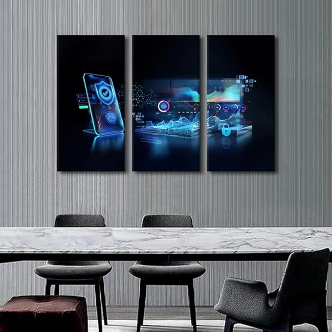 Framed Wall Art 3 Panel Canvas Wall Decor Cybersecurity Fingerprint and Secure Online Connection of Professional Trading Pictures Print On Canvas for Living Room Decoration, 36" Wx24 H