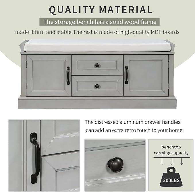 Entryway Storage Bench with Drawers & Cabinets — Cushioned Shoe Storage Bench for Hallway, Mudroom, or Living Room, Solid Wood Frame (Gray Wash)