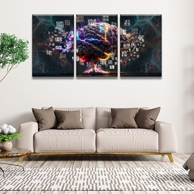 LSIUHWUWI 3 Panel Modern Wall Art Human Brain Full with Creativity Pictures Print on Canvas Wall Art for Bedroom Living Room Home Office Wall Decorations Framed Ready to Hang 16x24inchx3