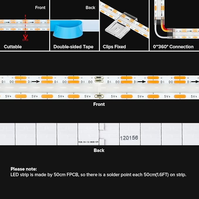 BTF-LIGHTING FCOB COB WS2811(WS2812B) IC RGB 180LED/m 360IC LED Strip DC5V 6.5FT Individual Addressable Flexible High Density Uniform Light Dream Chasing Color 10mm Width(NO Adapter or Controller)