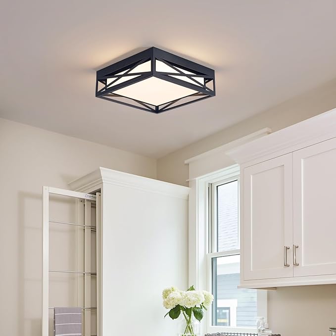 Modern LED Ceiling Light Fixture, Square LED Flush Mount Hallway Light Fixtures, Farmhouse Black Close to Ceiling Light for Hallway Bedroom Balcony Porch Stairway Ceiling Lamp (Square, 3000K)