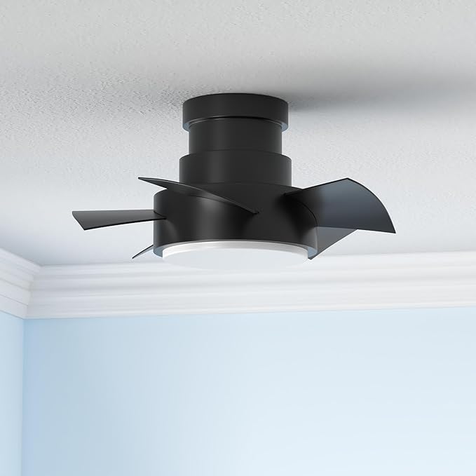 Modern Forms Vox Indoor and Outdoor 5-Blade 26in Smart Flush Mount Ceiling Fan in Matte Black with 3000K LED Light Kit and Remote Control Works with Alexa and iOS or Android App