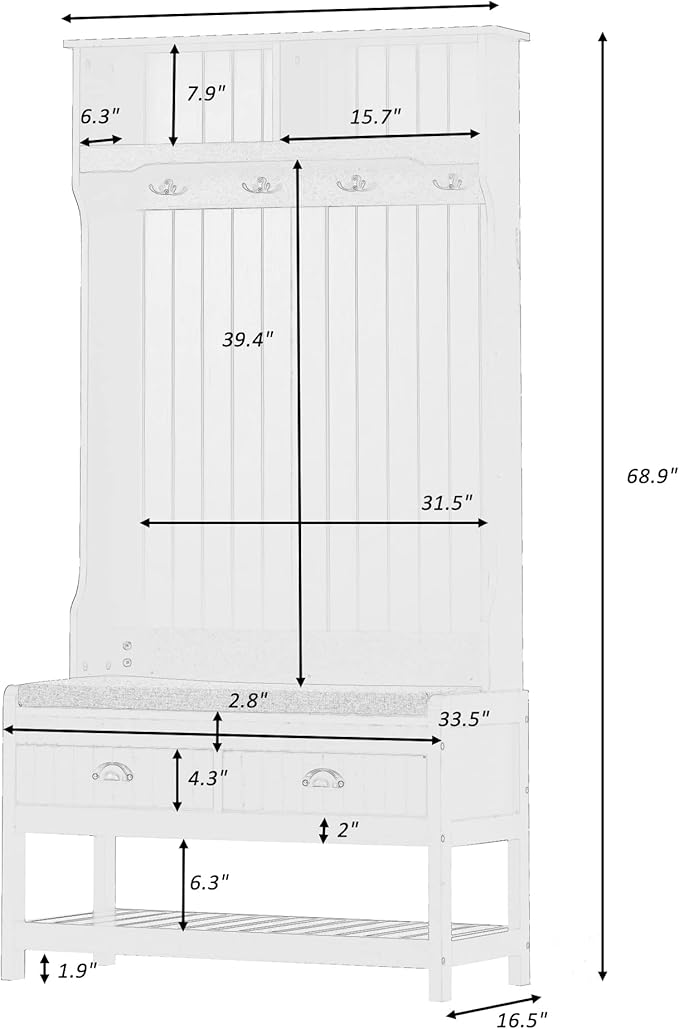 Hall Tree with Shoes Bench, Entryway Coat Rack with Storage Shelves and Drawers, 33.5''W Coat Hanger for Entrance, Hallway (White)