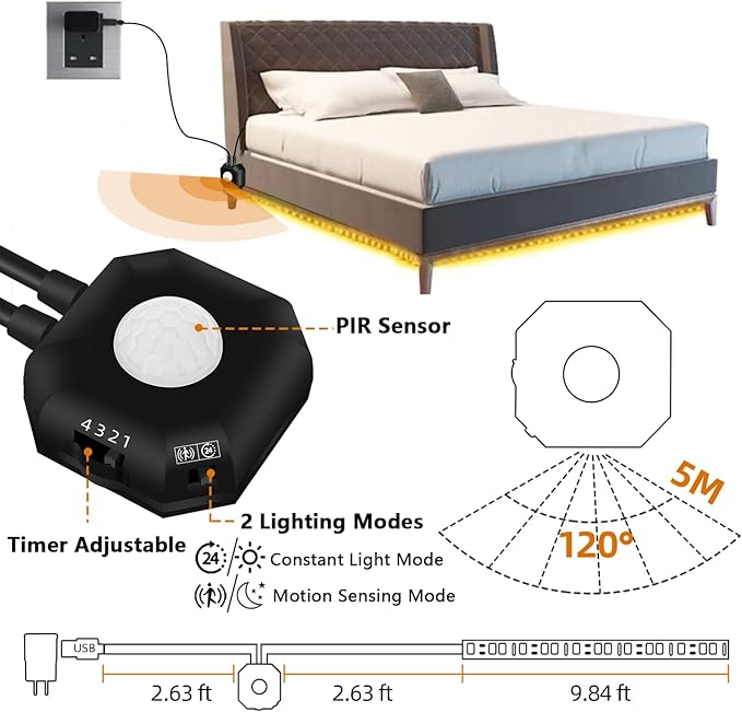 HOUHUI Motion Sensor LED Light Strip, 2PCS 9.8Ft Motion Sensor Light Indoor with Automatic Shut-Off Timer, Motion Activated Bed Lights Under Cabinet Lighting Kit for Bedroom Home Hallway-Warm White