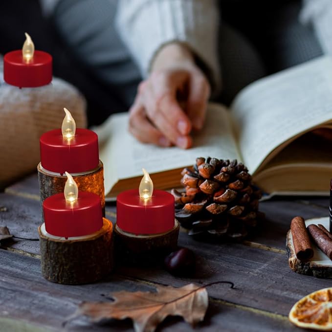 Flameless LED Tea Lights Candles, Battery Operated Flickering Fake Candles Bulk,50 Pack Powered Votive Electric Tealights Long Lasting 200H+ Bright Red Lamp for Seasonal and Festive Decoration