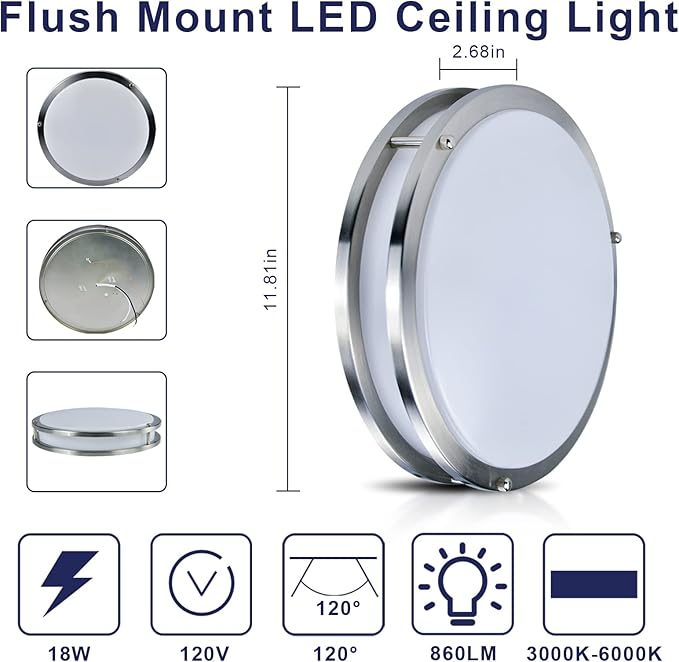 Arcfox 18W LED Flush Mount Ceiling Light Fixture 12 inch 860lm 5CCT Selectable 3000K/3500K/4000K/5000K/6000K Modern Ceiling Lamp Dimmable for Dining Room Hallway Bedroom Living Room