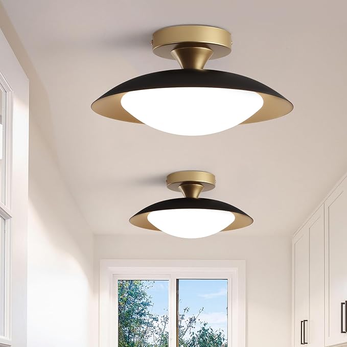 2 Pack Dimmable Mid Century Modern Ceiling Light, Black and Gold LED Semi Flush Mount Ceiling Light, 11.8in 5CCT Hallway Light Fxitures with Acrylic Shade for Kitchen Bedroom Entryway Laundry Room