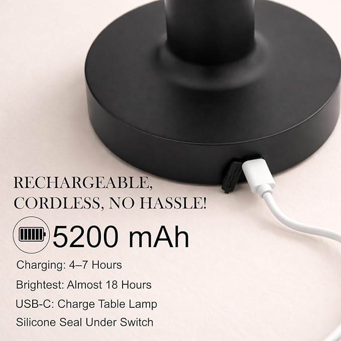 Cordless Table Lamp, Rechargeable Table Lamp, Waterproof Shower Lamp, 5200mAh Small Table Lamps, 3-Color Dimmable Touch Light, Portable Outdoor and indoor table lamp, Bedside night light (Black)
