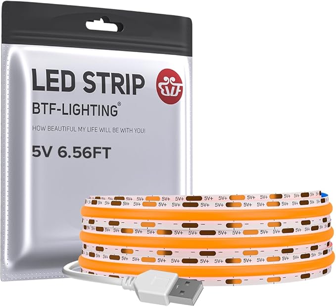 BTF-LIGHTING FCOB USB Powered Orange Color COB LED Strip Lights 6.56FT 640LEDs 5V 8mm Width 90+ High CRI Ultra Bright Flexible Light for 3D Printer TV Backlight Display Cabinet PC DIY Decor