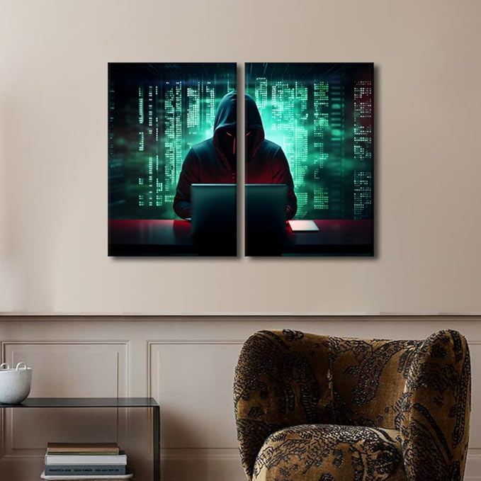 TUMOVO 3 Pieces Wall Decorations for Living Room Hacker Malware Home Decor AI Big Data Artwork Canvas Paitings House Art Posters and Prints Giclee Framed Ready to Hang, 24" Wx16 H
