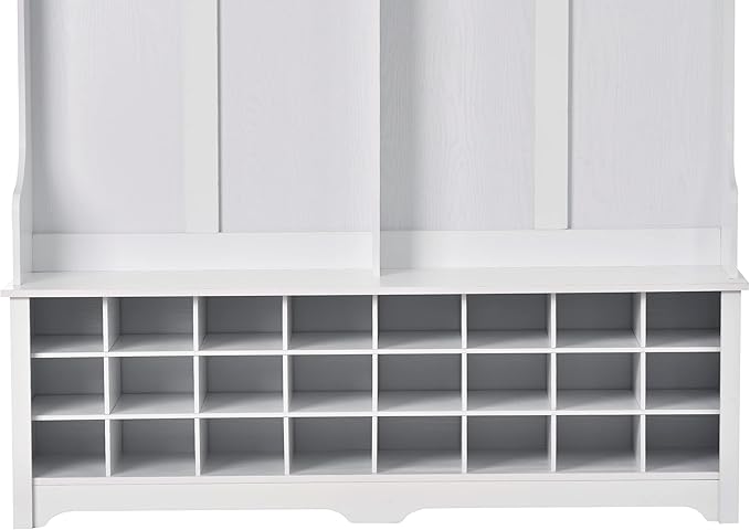 Wide Hallway Coat Rack Hall Tree with Shoe Storage Rack, 24 Cubes 6 Hooks and 3 Top Shelves, Large Storage Bench for Entrance, Enterway (White)