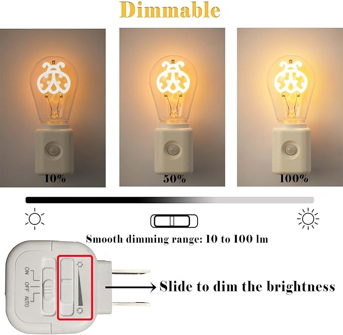 Unique Gift Vintage Dimmable Led Night Light Plug-in, Motion & Dusk-to-Dawn Sensor, Ladybird Shape Filament Warm White 2200K Light, for Hallway, Bedroom, Kitchen, Stairway, 1 Pack