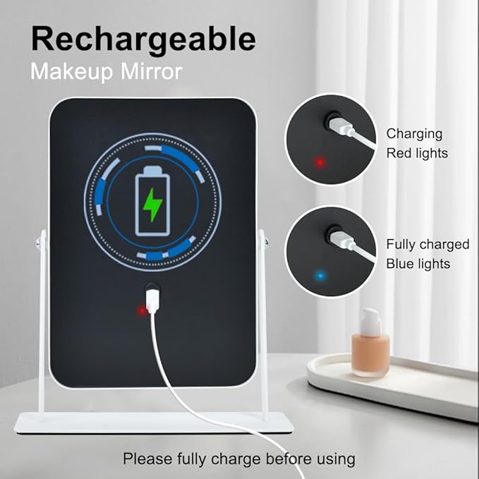 Rechargeable Small Vanity Mirror with Lights,9"x11"Portable LED Desk Mirror, Make up Mirror with Lighting,Touch Screen with 3-Color Lighting, Dimmable, for Shaving, Tabletop, Bedroom