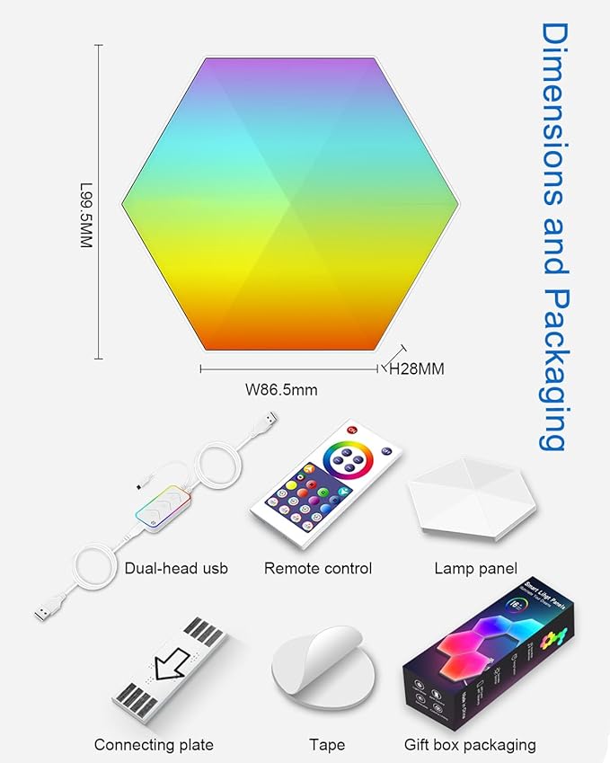 Hexagon LED Lights 6 Pack, Smart RGB Wall Decor with APP/Voice Control, Music Sync, DIY Modular Honeycomb Lights for Gaming Room, Bedroom, Home Theater Wall Decor