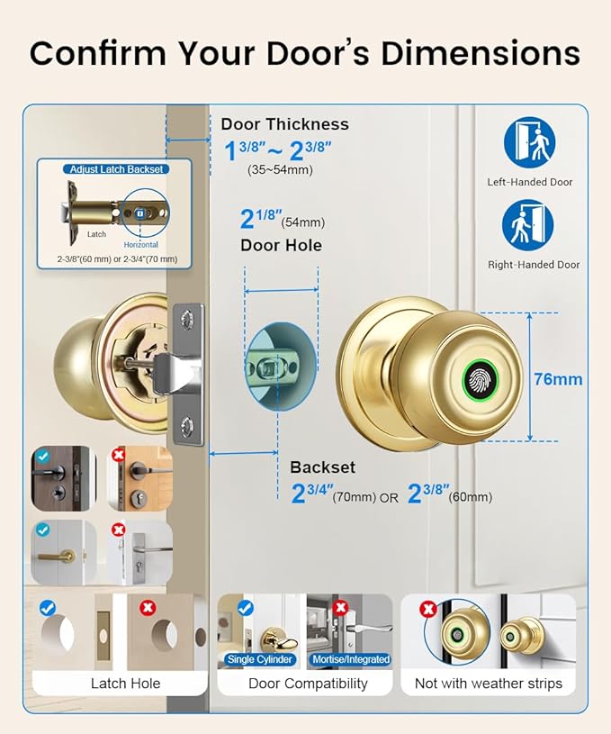 Fingerprint Door Lock, Smart Fingerprint Door Knob with Lock, Biometric Door Locks with App Control & Key, Keyless Thumbprint Entry Door Locks for Bedroom, Front Door, Home, Apartment-Brass