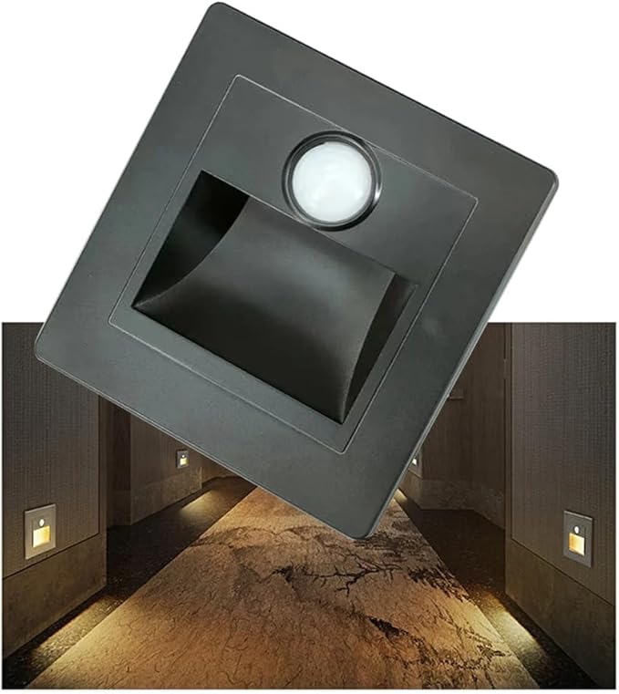 Motion Sensor Stair Lights 3W 3000K Recessed LED Step Light Indoor Stair Step Wall Lamp Staircase Bedroom Decoration 1Pcs Black